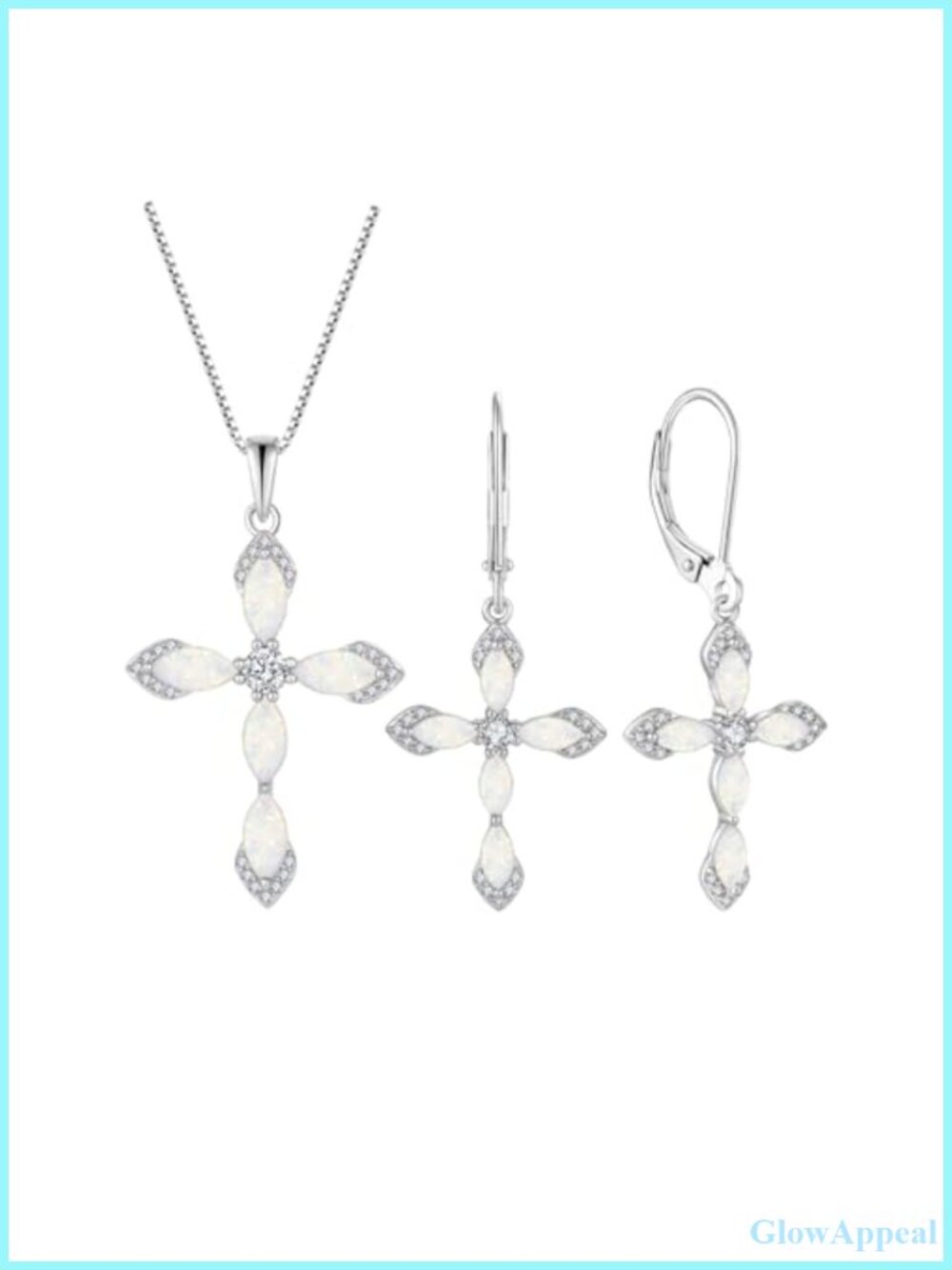 925 Sterling Silver Opal Cross Necklace & Earrings Jewelry Set Crucifix Pendant